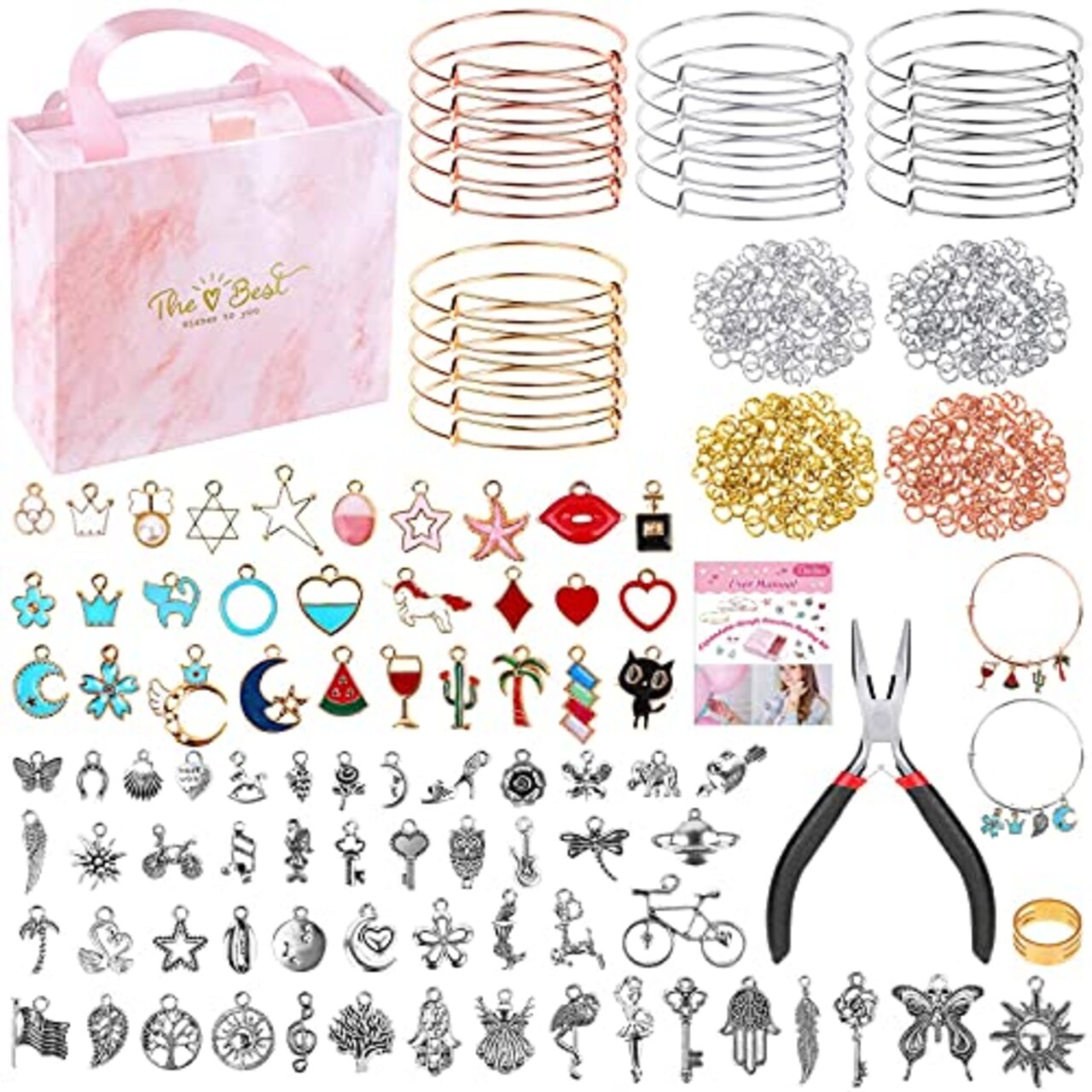 300Pcs Bangle Bracelets Making Kit, Thrilez Charm Bracelet Making Kit with  Expandable Bangles, Charms, Jump Rings and Pliers for Jewelry Making Bangle  Bracelets (with Gift Box and Tools)